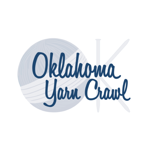 Oklahoma Yarn Crawl Logo – yarn ball and knitting needles in the background with "Oklahoma Yarn Crawl" over the background